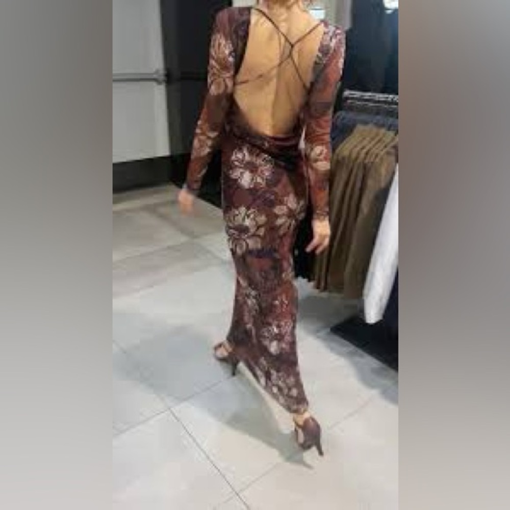 ZARA 5039/397 090 PRINTED TULLE DRESS size large light brown - Picture 5 of 14
